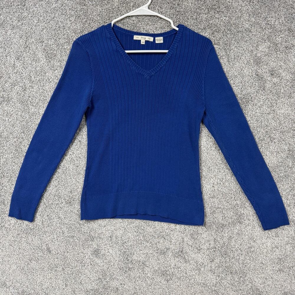 Pria Sweater Womens Medium Blue V-Neck Ribbed Knit Minimalist Preppy Layering